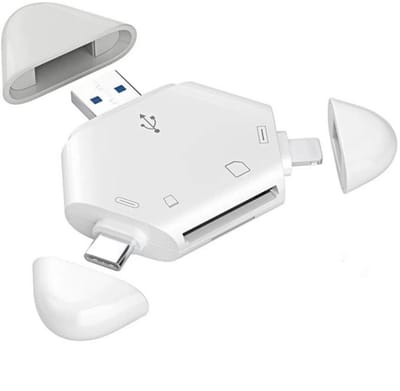 USB + 8-Pin + USB-C naar SD + Micro-SD (tf) kaartlezer adapter - cardreader - geschikt voor iPhone en laptop - wit