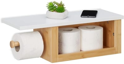 Famanu – Toiletrolhouder met plank en open vak voor reserverollen, wandmontage, bamboe en metaal, wit/natuur