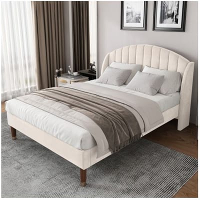 Lit - MUVOE - 140x190 cm - Velours beige - Sommier à lattes - Tête de lit rembourrée beige