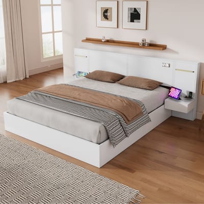 MODFU Bedframe 180x200 cm – Wit MDF – Met Bluetooth-speaker, LED & 2 Nachtkastjes – USB-A & USB-C – Incl. Lattenbodem – Max. 272 kg – High-tech voor Moderne Slaapkamer