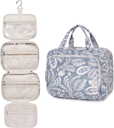 Famanu - Hangende Reis Toilettas voor Vrouwen Cosmetica Make-up Tas Organizer Accessoires (Blauw Blad (Medium))