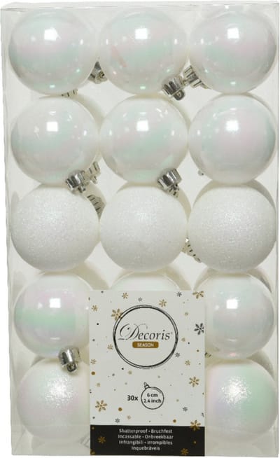 Decoris kerstballen - 30x st - wit parelmoer - D6 cm - kunststof - kerstversiering