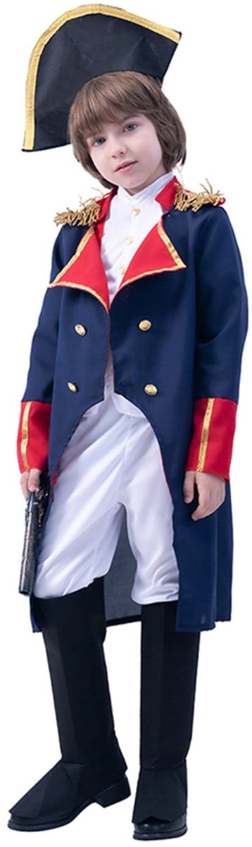 Kostuum Kinderen Napoleon Blauw-Rood – 4-6 Jaar – Inclusief Shirt, Jas, Broek, Hoed en Laarzenhoezen – Carnaval & Verkleedkleding