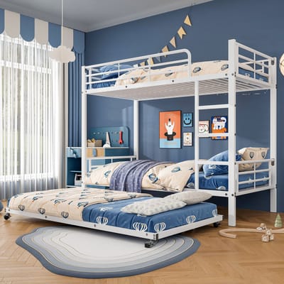 DESMIU Metalen Stapelbed 90x200cm en 90x190cm - Ruimtebesparend Driepersoonsbed met Uittrekbed en Rechte Ladder - Voor Kinderen en Jongeren - Wit - Zonder Matras