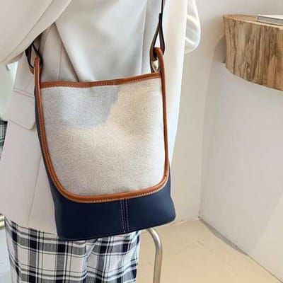 Canvas Tas, Dames High-end Gevoel, Kleurblokkering en Kleurblokkering Crossbody Emmer Tas, Modieuze Grote Capaciteit Enkele Schoudertas white