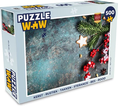 Puzzel Kerst - Rustiek - Takken - Steranijs - Bes - Rood - Legpuzzel - Puzzel 500 stukjes - Kerst - Cadeau - Kerstcadeau voor mannen, vrouwen en kinderen