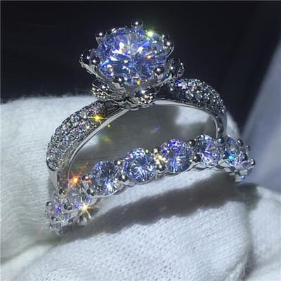 Bloem Sieraden Zilver Kleur Ring Set Volledige Zirkoon Cz Steen Engagement Wedding Band Ringen Voor Vrouwen Gift 10