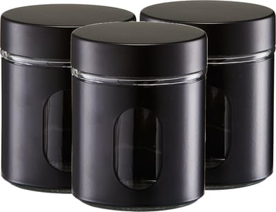 Zeller Voorraadpot/blik met venster - 3x - zwart - 600 ml - glas/metaal