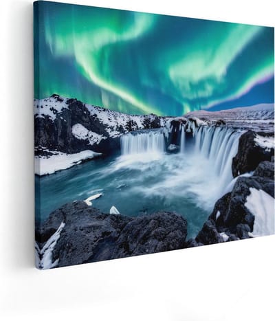 Artaza Canvas Schilderij Waterval - 50x40 cm - Wanddecoratie Noorderlicht - Muurdecoratie Bergen - Kamer Accessoires Winterlandschap