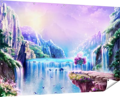 Gards Tuinposter Kleurrijke Sprookjes Waterval - Abstract - 180x120 cm - Tuindoek - Tuindecoratie - Wanddecoratie buiten - Tuinschilderij