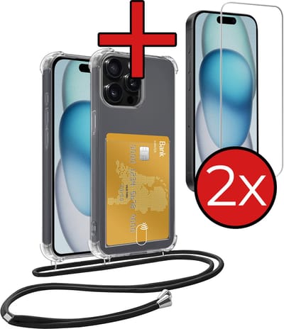 Hoesje Geschikt voor iPhone 15 Pro Hoesje Met Telefoonkoord en Pasjeshouder Met 2x Screenprotector Siliconen - Hoes Geschikt voor iPhone 15 Pro Hoesje Met Kaarthouder Shock Proof Case - Transparant