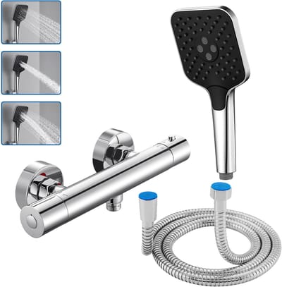 Auralum max Doucheset met Handdouche - Thermostatische Douchekraan - 15 cm Hartafstand - 3 Standen Handdouche - 150 cm Doucheslang - Waterbesparend - Chroom