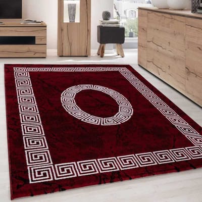 Modern design vloerkleed met een rand van optisch marmer in zwart, rood en wit. 120x170 cm