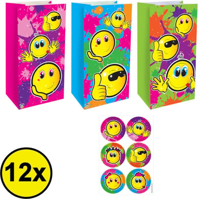 12 STUKS Traktatie Uitdeel papieren zakjes - Inclusief Stickers - SMILEY - Vrolijke Gezichten - Tasjes - Traktatiezakjes voor uitdeelcadeautjes - Kinderfeestje - 13x8x25 Cm