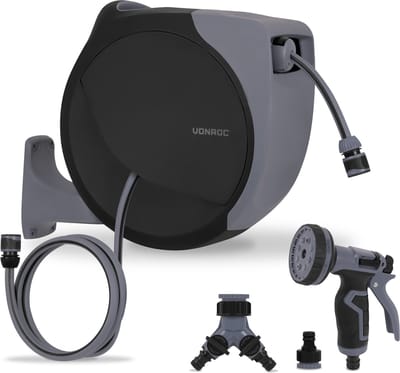 VONROC Automatische slanghaspel – wandslangbox – Incl. 20m premium tuinslang, 8-standen broespistool en koppelingen – zwart/grijs
