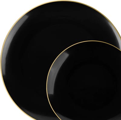 Decorline-32 Stabiele Herbruikbare Plastic Partyservies | 2 maten: 16 x 26 cm + 16 x 19 cm, Classic Collectie | Zwart met gouden rand . Duurzaam serviesset voor Kerstmis, Bruiloften, Verjaardagen, Feesten en Evenementen.