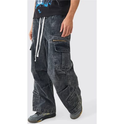 Elastische Taille Acid Wash Parachute Cargo Jeans in Zwart | Black | Size 36R
