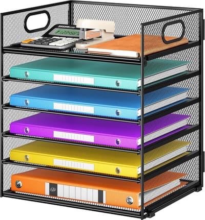 bureau-organizer, 6 niveaus brievenbak, stapelbare dossierhouders, opbergvakken met handvat, kantoorbenodigdheden voor A4-documenten, papier, boeken, tijdschriften (Zwart)