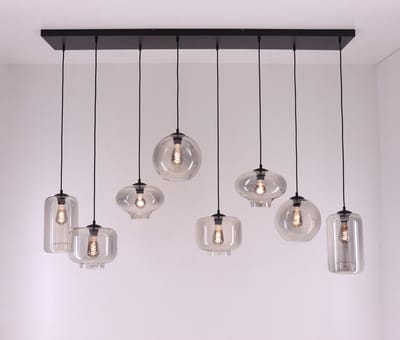 EEF hanglamp - getint grijs glas - glazen 8-lichts 165cm