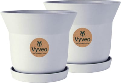 Vyveo - Bloempot Aalta met onderzetter - Set van 2 - 13x11 - Lichtgrijs - Bloempot voor binnen en buiten - Lichtgewicht - Breukbestendig - Vorstbestendig - UV-bestendig