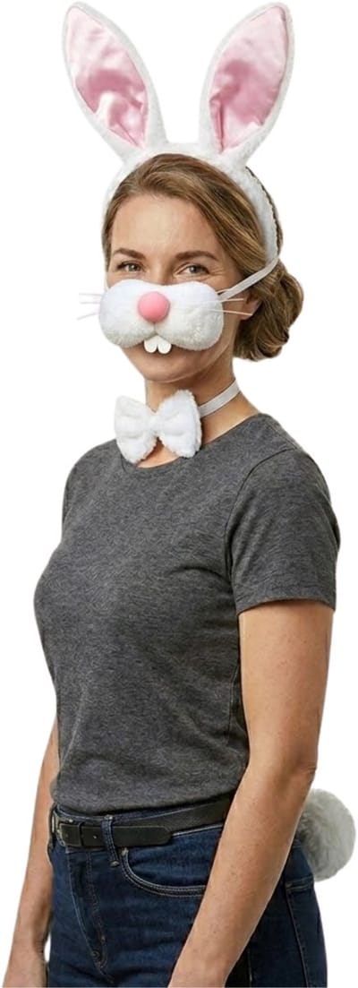 Bellatio Decorations Verkleed set bunny - 4-delig - roze / wit - pluche - verkleed accessoires - konijn / paashaas