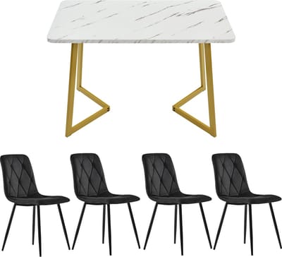 Sweiko Sweiko eettafel set (117 x 68cm eettafel, 4 stoelen), rechthoekige eettafel, moderne keuken eettafel set, eettafel stoelen, zwart twill fluweel keukenstoelen, gouden tafelpoten