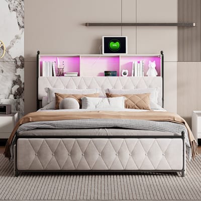Velours Polsterbed 140x200 met LED & USB-C – Bedframe met 4 Opberglades – Beige Bed met Hoofdbord
