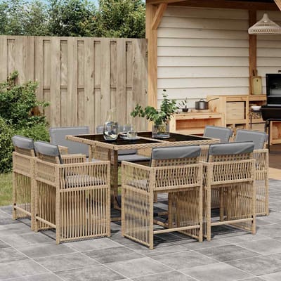 vidaXL - 9-delige - Tuinset - met - kussens - poly - rattan - gemengd - beige