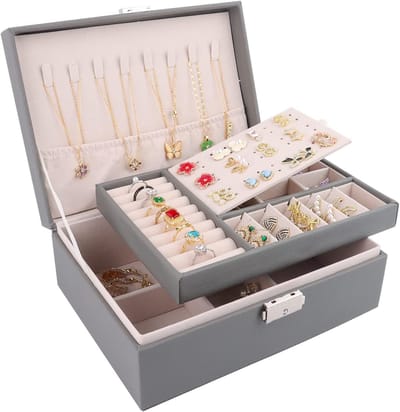 Famanu - Sieradendoosje voor dames, 2 lagen, sieradenorganizer van PU-leer, organizer voor oorbellen, ringen, oorbellen, armbanden en halskettingen