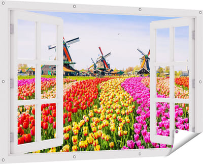 Gards Tuinposter Doorkijk Kleurrijke Tulpen Bloemenveld - Windmolen - 150x100 cm - Tuindoek - Tuindecoratie - Wanddecoratie buiten - Tuinschilderij