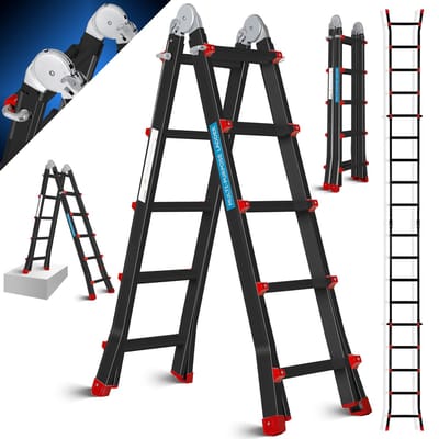 MASKO® telescopische ladder aluminium multifunctionele ladder 5,10m 4x5 sporten Werkladder, vouwladder, enkele ladder, dubbelzijdige trapladder - 5.10m / 4x5 sporten, Zwart / Rood