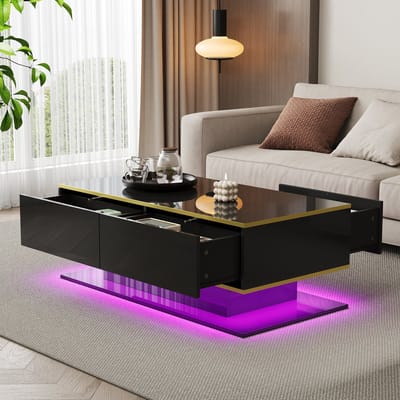 REDOM Salontafel 100x50x40 cm – Met 3 Laden, Open Vak En LED-Verlichting – Moderne Woonkamer Tafel Met Opbergruimte – Spaanplaat – Hoogglans Zwart