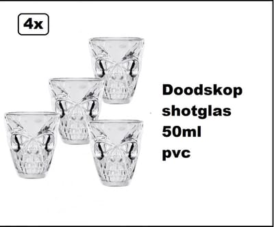 4x Doodskop shotglas 50ml - kunstof - Halloween horror griezel doods hoofd creepy shot drinken thema feest festival