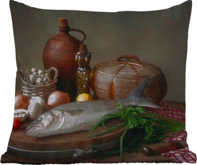 Tuinkussen - Rustiek - Vis - Stilleven - Groente - Kruiden - 40x40 cm - Weerbestendig