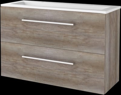 Basic Start 39 badmeubelset met wastafelonderkast met grepen, 2 lades en acryl wastafel met 2 kraangaten 100 x 39 cm, scotch oak