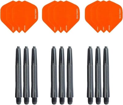 3 sets (9 stuks) Super Sterke Oranje Poly XS100 - dart flights - en 3 sets (9 stuks) zwarte - dart shafts
