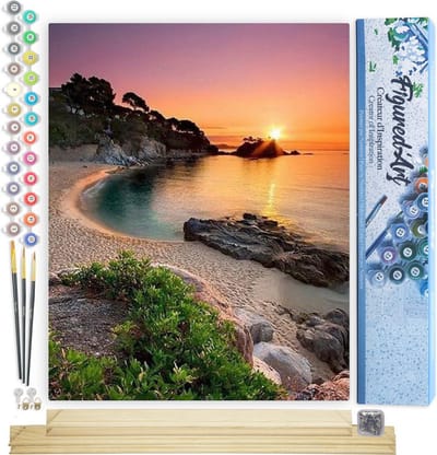Figured'Art Schilderen op Nummer Volwassenen canvas Rustig strand in de schemering - Handwerk acrylverf Kit DIY Compleet - 40x50cm met DIY houten lijst