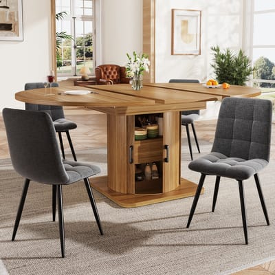 OKWISH Eettafelset 118-158 x 118 x 76 cm - Uitschuifbare Tafel Met 4 Stoelen - Ruimtebesparend - MDF En Linnen - Zwartbruin
