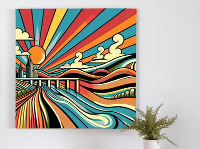Pop art landschap schilderij | Modern landschap: levendige mix van pop, kleur en natuur | Kunst - 75x75 centimeter op Forex | Foto op Forex
