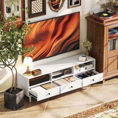 MODFU - Tv-Meubel - 3 Open Vakken En 3 Laden - Kabeldoorvoer - Spaanplaat - Wit - 140 X 34 X 45 Cm