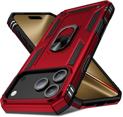 AziLine Armor Hoesje Geschikt voor Apple iPhone 17 Pro Max - Rood Premium Kickstand ShockProof Hoesje - Extreme Phone 17 Pro Max Backcover - Ultra Luxe Hybrid Armour - 360° Rotating Ring Grip Kickstand