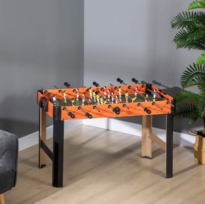 MEUNIQ tafelvoetbaltafel 118 x 104 x 69 cm met 2 ballen, geïntegreerde puntenteller, antislip handgrepen, MDF en metalen stangen, voor kinderen en volwassenen, bruin
