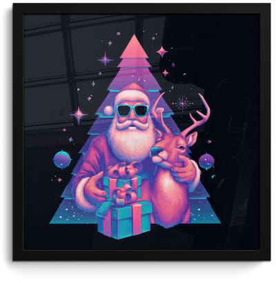 Poster in lijst - Fotolijst 40x40 cm - Posters - Retro - Kerstman - Rendieren - Kerstboom - Posterlijst zwart - Decoratie - Wanddecoratie woonkamer - Muurdecoratie slaapkamer - Kerstversiering - Kerstdecoratie voor binnen - Kerstmis