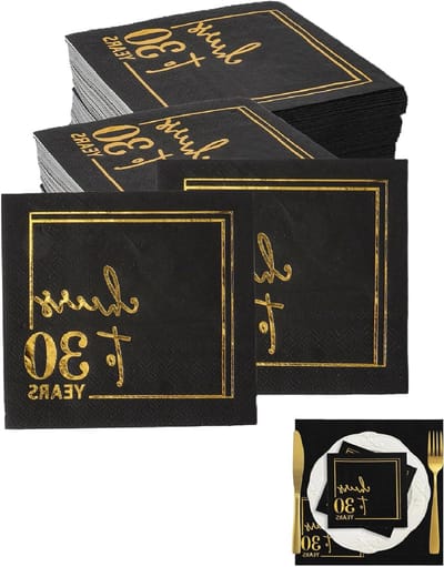 Servetten voor 30e verjaardag - 50 stuks zwart-goud, 3-laags papieren servetten voor feestdecoratie, Happy Birthday servetten voor mannen en vrouwen, tafeldecoratie accessoires