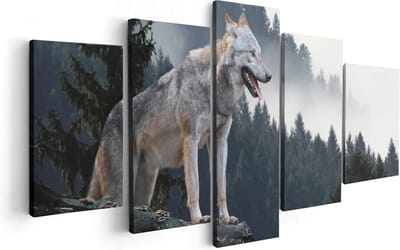 Artaza Canvas Schilderij Vijfluik Grijze Wolf In De Bossen - 100x50 cm - Wanddecoratie Woonkamer - Schilderijen - Muurdecoratie