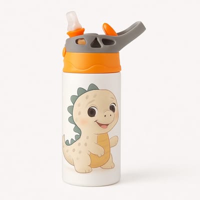 Lichte Scandinavische Dino Cartoon Drinkfles – Leuke Drinkfles voor Kinderen en Dino Fans - Waterfles voor kinderen (wit/oranje)