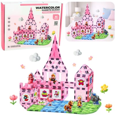 Playos® - Magnetische Bouwstenen - Prinsessen - 80 delig - Roze - Bouwen - Bouwblokken - Magnetisch Bouwen