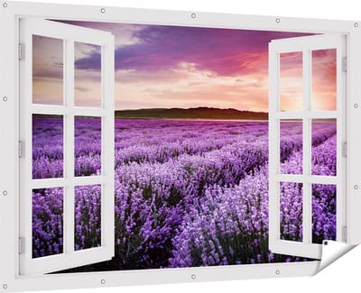 Gards Tuinposter Doorkijk Bloemenveld met Paarse Lavendel - Bloemen - 180x120 cm - Tuindoek - Tuindecoratie - Wanddecoratie buiten - Tuinschilderij
