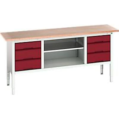 Bott verso box-type werkbank, met multiplex blad, 6 laden & 1 legplank, B 2000 x D 600 x H 830 - 930 mm, RAL 7035 lichtgrijs / RAL 3004 paarsrood