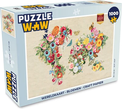 Puzzel Wereldkaart - Bloemen - Craft papier - Legpuzzel - Puzzel 1000 stukjes volwassenen